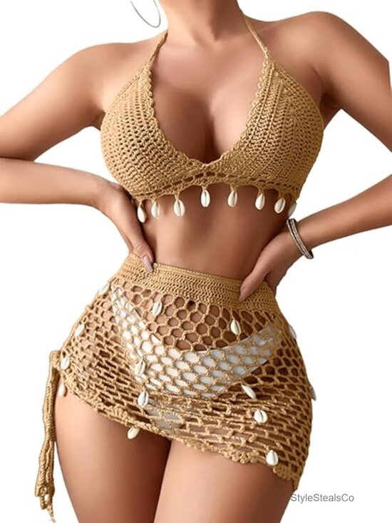 Other - Two Piece Skirt Set Crochet Shell Boho Swimsuit Cover Up